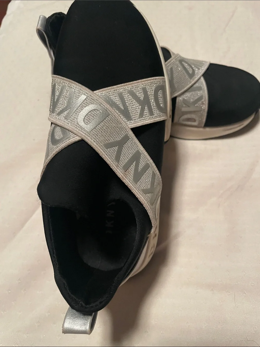 DKNY Black & Silver Cross-Strap Slip-On Sneakers